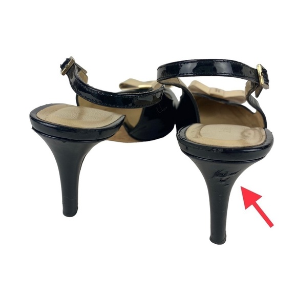 Kate Spade Black Sling Back Heels Gold Bow Made in Italy Size 7.5 Patent Leather - Picture 9 of 11